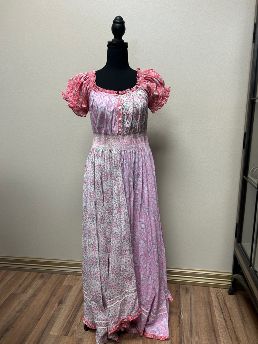 LoveShackFancy Pink Floral Maxi Dress with Coral Puff Sleeves - Picture 2 of 5